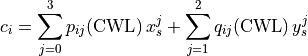 c_i = \sum_{j=0}^3 p_{ij}({\rm CWL})\,x_s^j + \sum_{j=1}^2 q_{ij}({\rm CWL})\,y_s^j